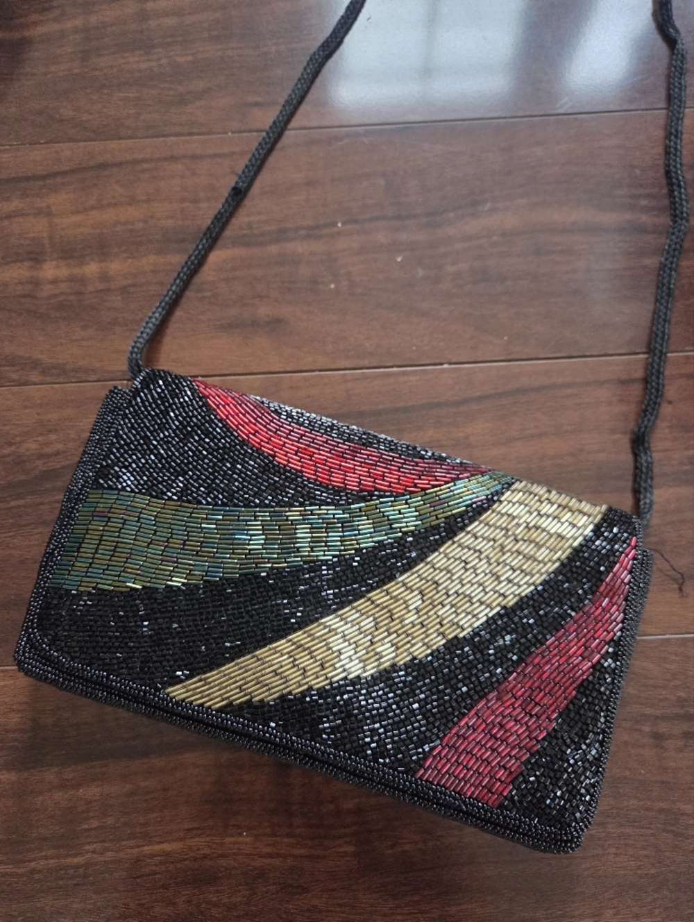Vintage Beaded Evening Crossbody Bag in Black with Gold, Red, and Green Accents